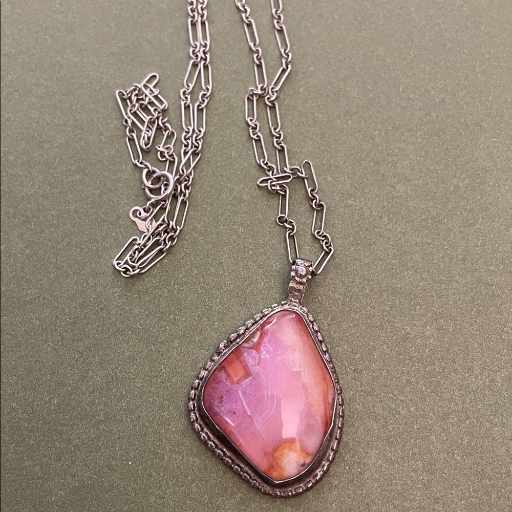 Pink Opal Stone Silver Necklace artist signed HARR